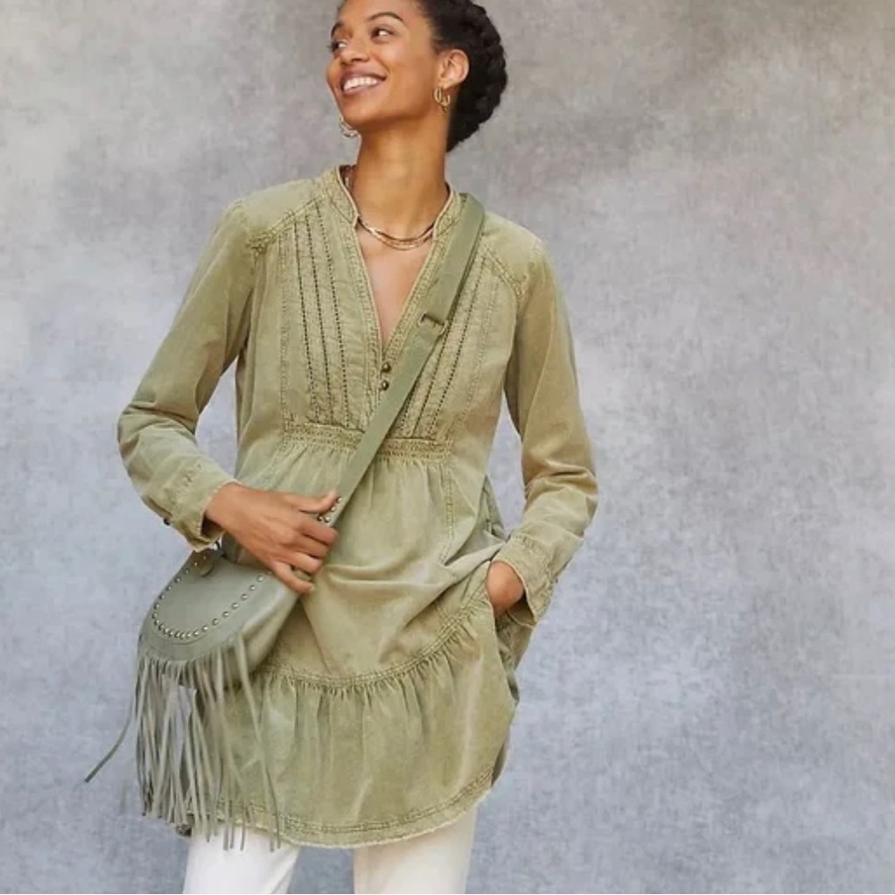 Anthropologie Olive Green Peasant Tunic Dress